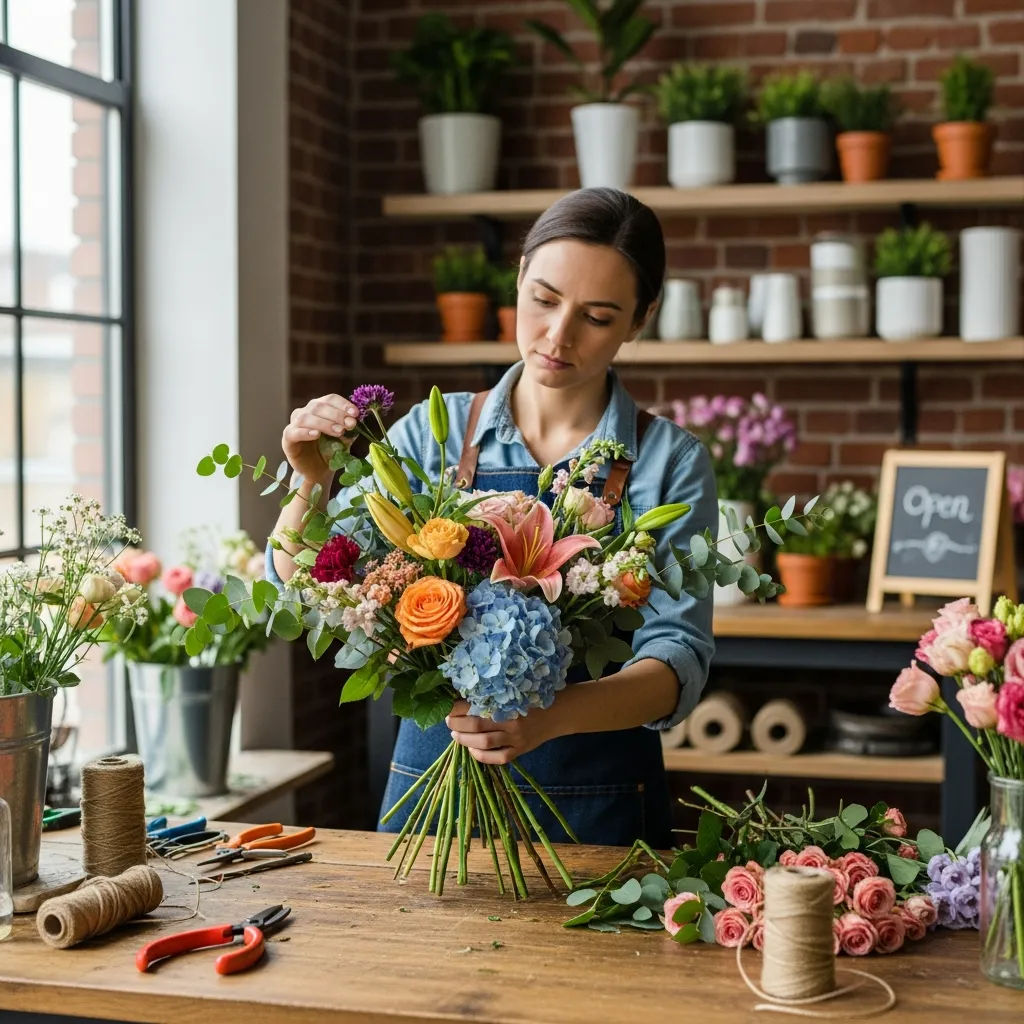 Bloemist die een artistiek boeket arrangeert